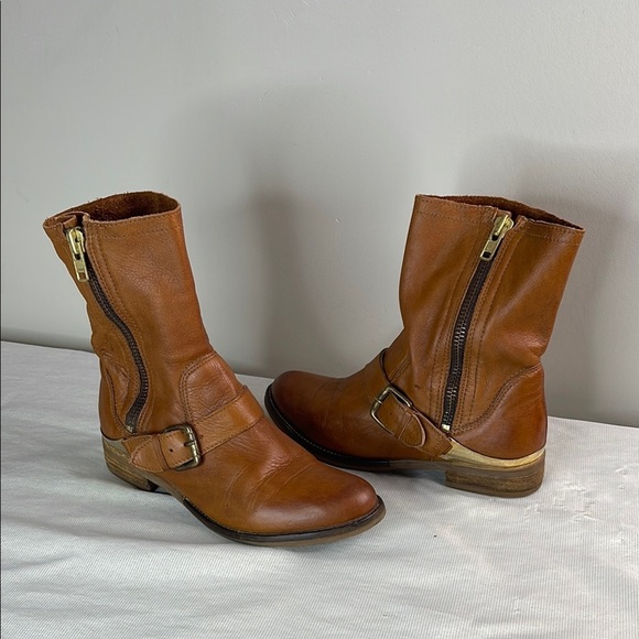 Aldo Combat Moto Western Boots Cognac Brown Distressed Leather Brass Heel 38.5EU - Picture 2 of 12